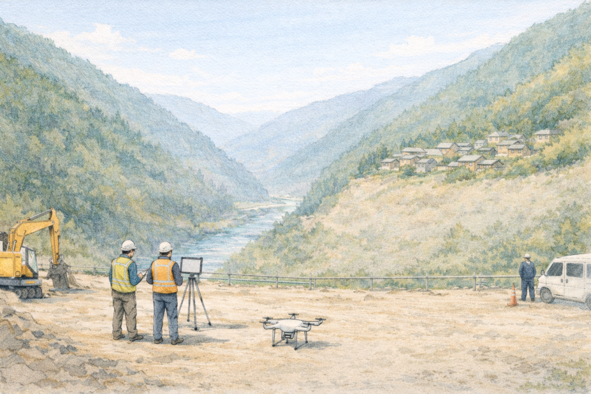 山間部の建設現場で作業員がドローンを飛行させ、広い造成エリアと周囲の谷地形を上空から測量し工事進捗と施工状況の安全管理を確認している様子