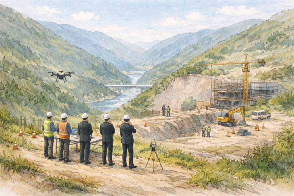 山間部の建設現場を高台から作業員と関係者が見渡し、上空を飛行するドローンで造成エリアや重機の配置を測量し工事進捗と安全管理を確認している様子