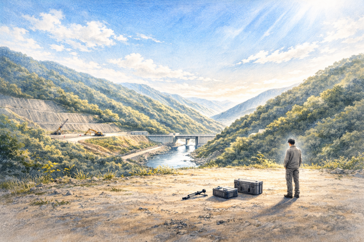 山間部の建設現場で作業員がドローンを飛行させ、谷を流れる河川と周囲の斜面地形を上空から測量し工事に向けた地形状況を確認している様子