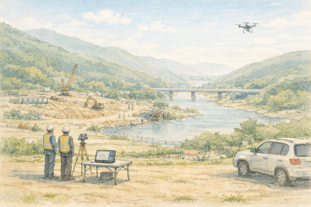 山間部の河川沿いに広がる建設現場で作業員がドローンを飛行させ、橋梁工事エリアや重機が稼働する造成地を上空から測量し施工状況と安全管理を確認している様子
