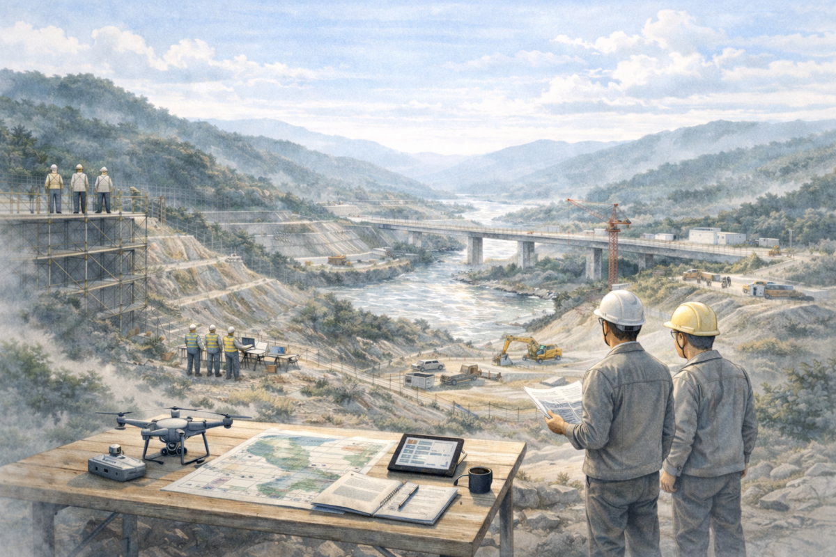 山間部の大規模な建設現場を見渡す高台で作業員がドローンを飛行させ、造成地や重機が稼働する工事エリア全体を上空から測量し施工状況と安全管理の確認を行っている様子