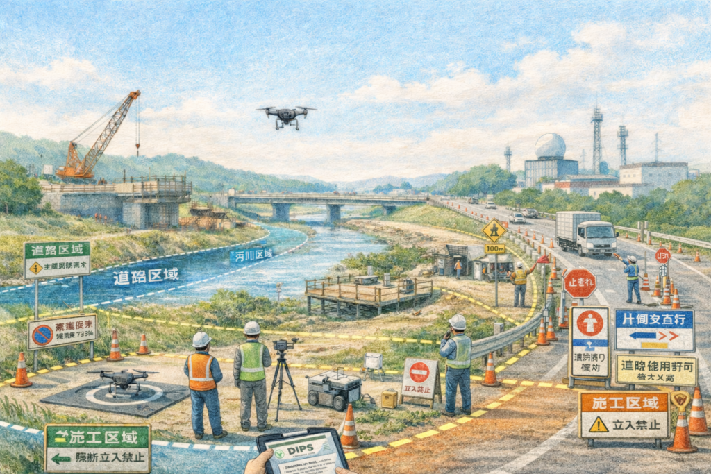 都市部の河川沿いの建設現場で作業員がドローンを飛行させ、堤防工事エリアや橋梁周辺の状況を上空から測量し施工状況と安全管理を確認している様子