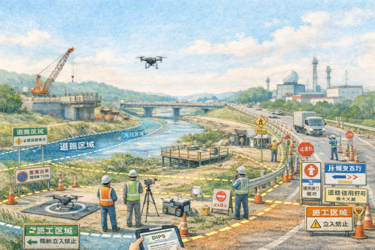 都市部の河川沿いの建設現場で作業員がドローンを飛行させ、堤防工事エリアや橋梁周辺の状況を上空から測量し施工状況と安全管理を確認している様子