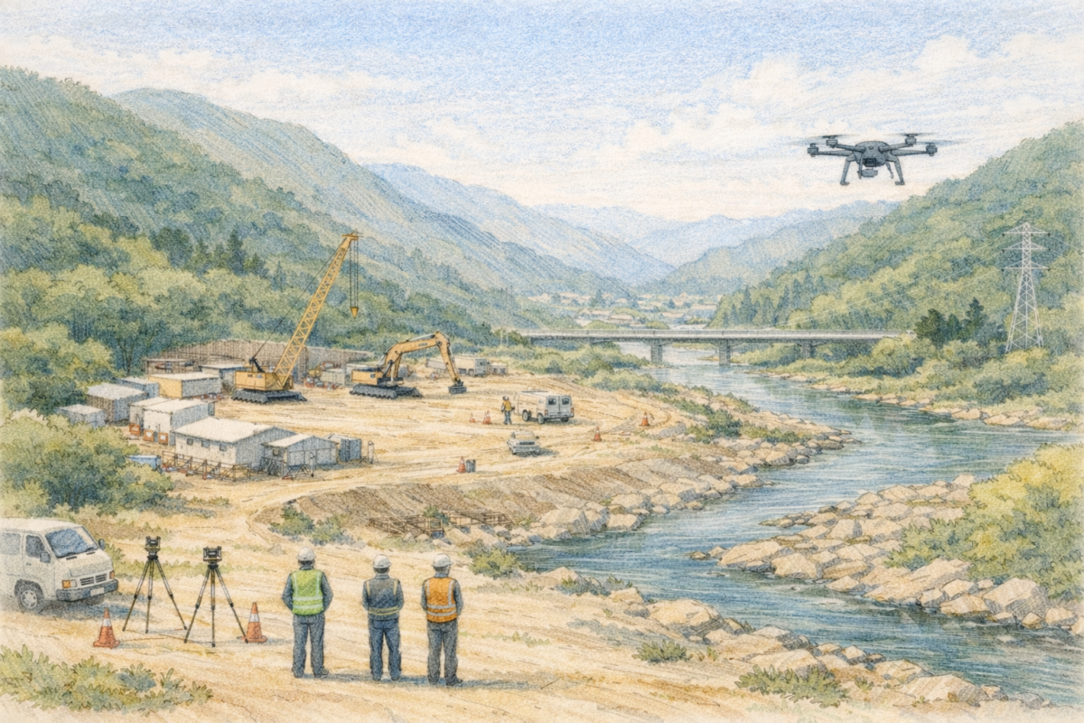 山間部の河川沿いに広がる建設現場でドローンを飛行させ、重機が稼働する河川工事エリアと周辺地形を上空から測量し施工状況と安全管理を確認している様子