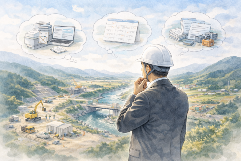 山間部の建設現場を見渡す作業員がドローンを飛行させ、取得した測量・点検データをクラウドで共有しながら工事エリア全体の状況を確認している様子
