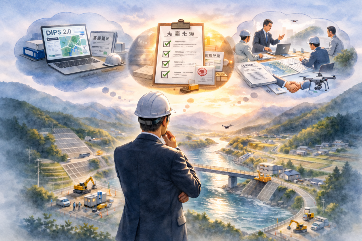 山間部の大規模な建設現場を見渡す作業員がドローンを飛行させ、測量データや点検結果をデジタル管理しながら造成工事エリア全体の施工状況と安全管理を確認している様子