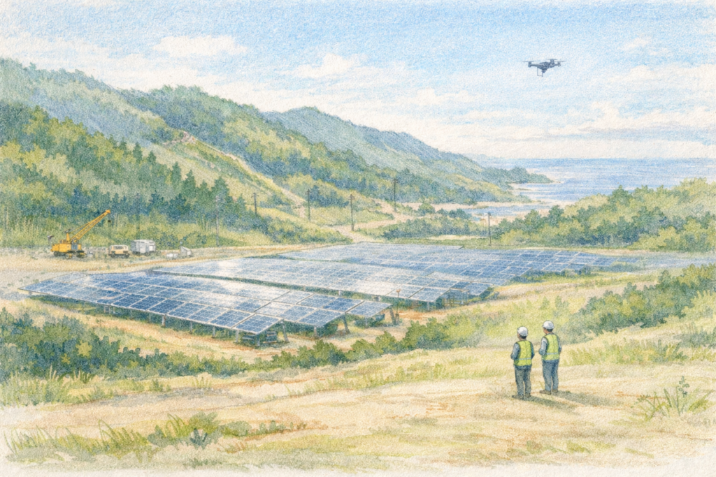 山間部の工事現場で作業員2人がドローンを飛行させ、広がる太陽光パネル設備と造成地を上空から測量し施工状況と安全管理を確認している様子