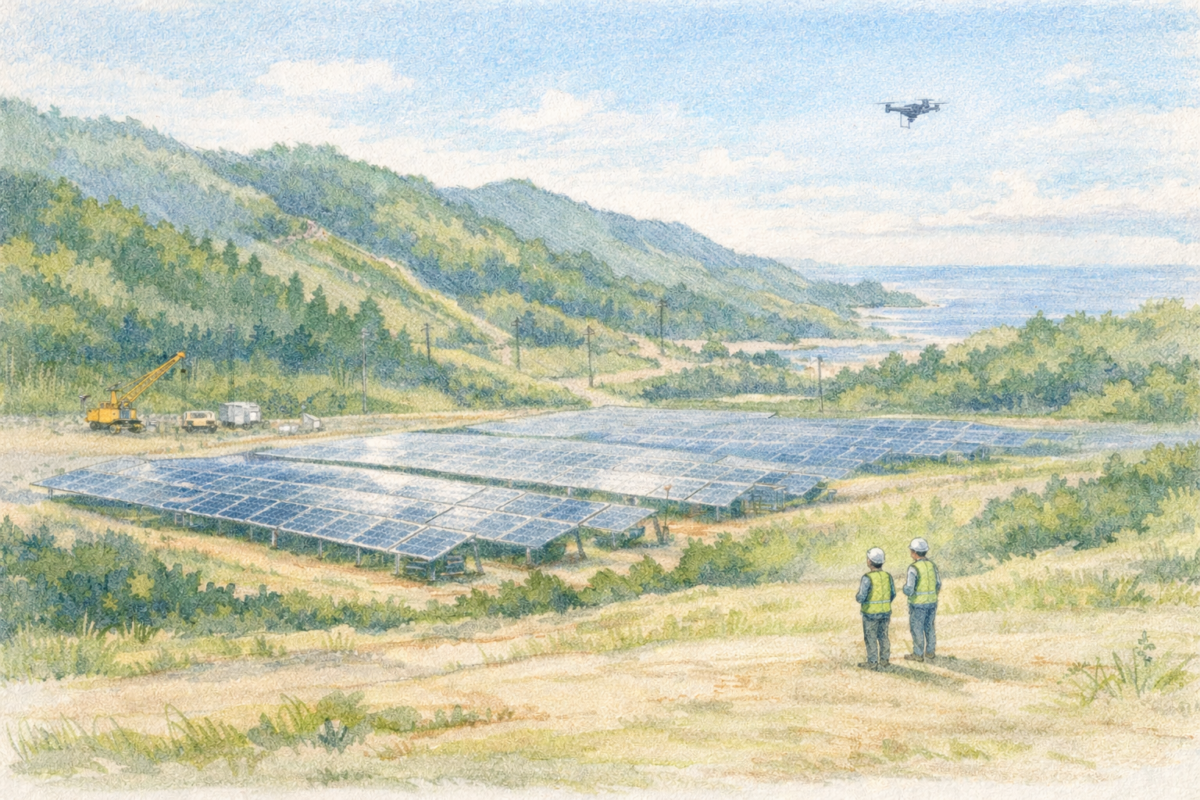 山間部の工事現場で作業員2人がドローンを飛行させ、広がる太陽光パネル設備と造成地を上空から測量し施工状況と安全管理を確認している様子