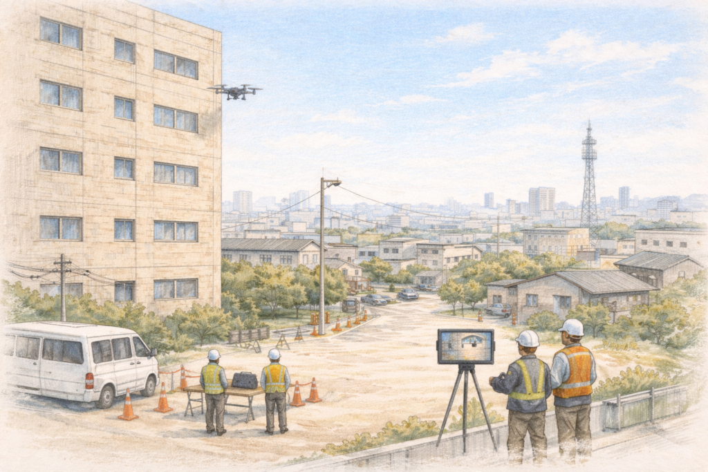 都市部の建設現場で作業員がドローンを飛行させ、周囲のビルや工事エリアの状況を上空から測量し施工状況と安全管理を確認している様子