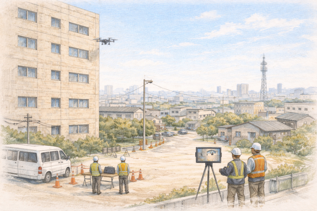 都市部の建設現場で作業員がドローンを飛行させ、周囲のビルや工事エリアの状況を上空から測量し施工状況と安全管理を確認している様子