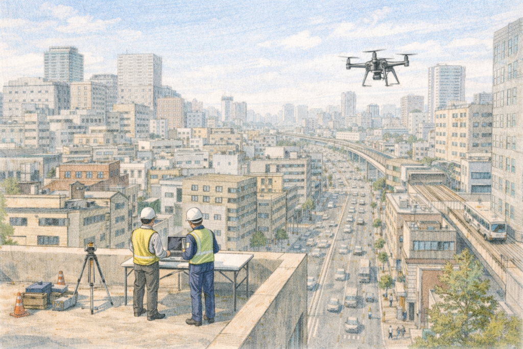 都市部の建設現場を高所から作業員2人が見渡し、上空を飛行するドローンで市街地の工事エリアや周辺道路を測量し施工状況と安全管理を確認している様子