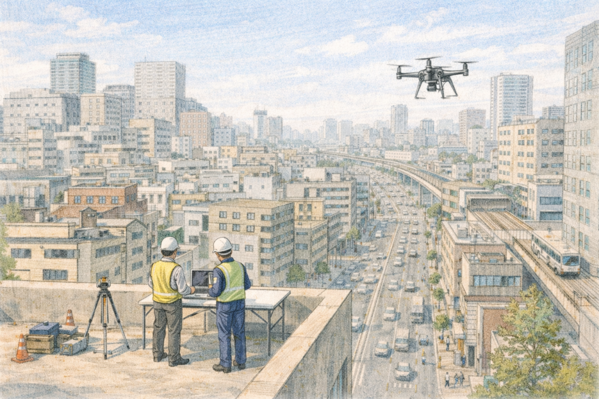 都市部の建設現場を高所から作業員2人が見渡し、上空を飛行するドローンで市街地の工事エリアや周辺道路を測量し施工状況と安全管理を確認している様子