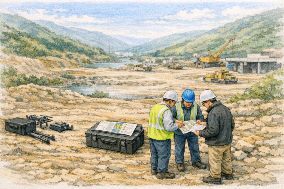 山間部の建設現場で作業員がドローン測量前に飛行計画と安全管理手順を確認し重機が稼働する中で点検準備を進めている様子