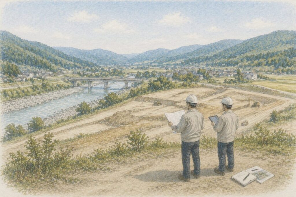 河川堤防工事の現場で図面を確認する作業員と河川敷の施工状況