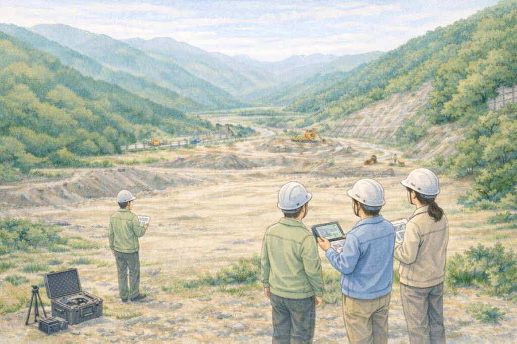 山間の建設現場で、複数の作業員がタブレットを見ながらドローン活用の調査内容を確認している様子