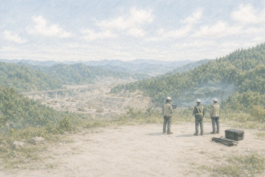 山あいの建設現場を上空から撮影したイメージ