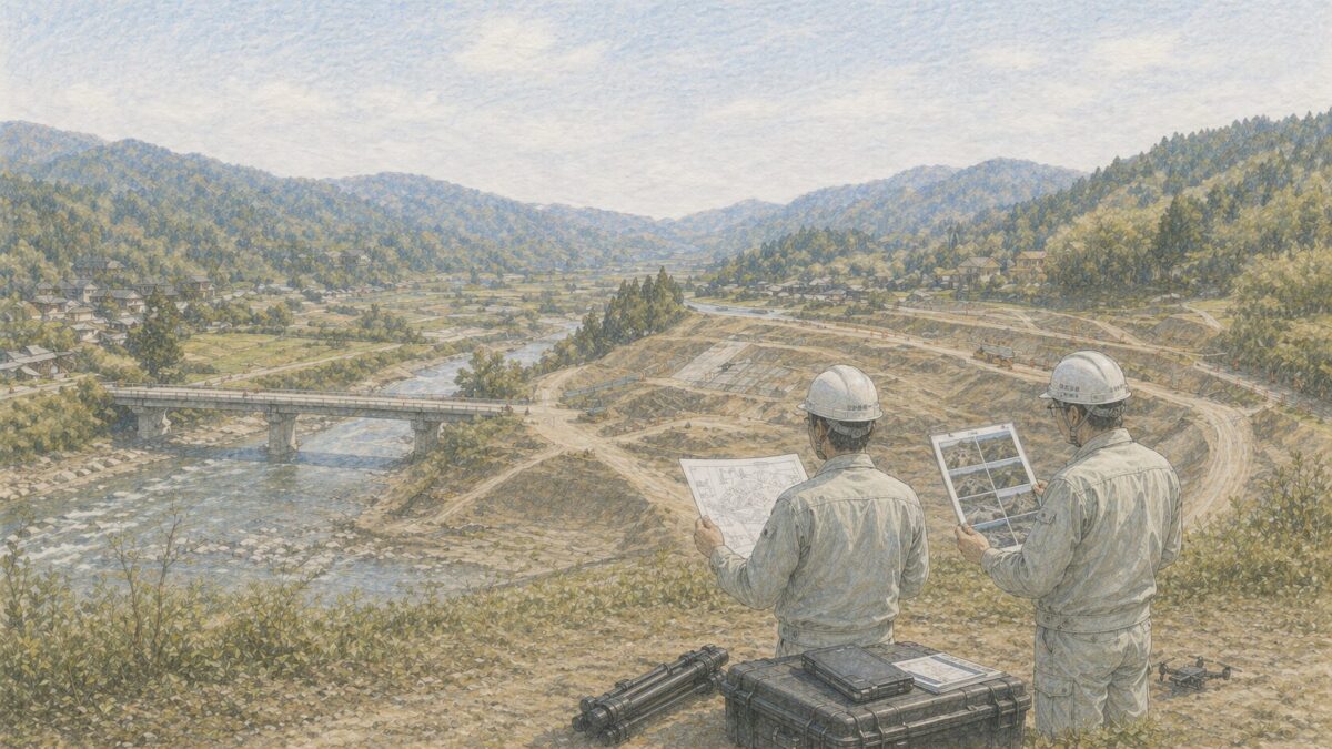 山間部の河川沿いにある建設現場で、図面とタブレットを確認する作業員の後ろ姿