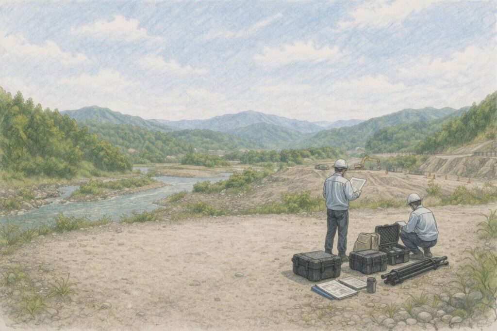 河川沿いの工事現場で測量・点検を行う作業員と機材