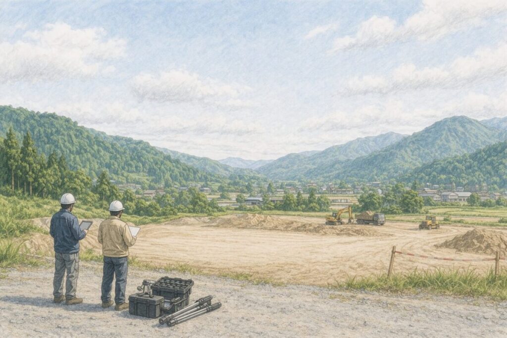 山間の農村地域で建設予定地を測量する作業員と重機のある現場