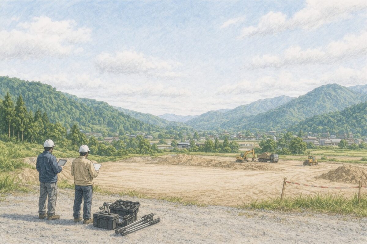 山間の農村地域で建設予定地を測量する作業員と重機のある現場