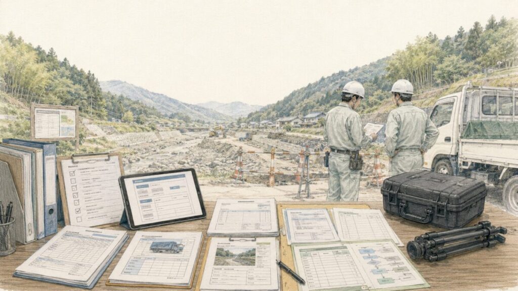 河川工事の現場を背景に、補助金採択後の交付申請書類、実績報告、証憑、管理資料を確認している様子