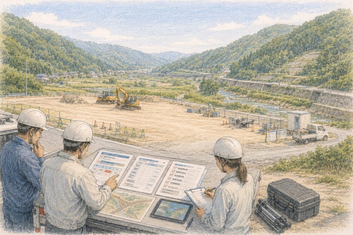 山間部の建設現場で、ドローン導入前に補助金申請書類や見積書、現場条件を確認している様子